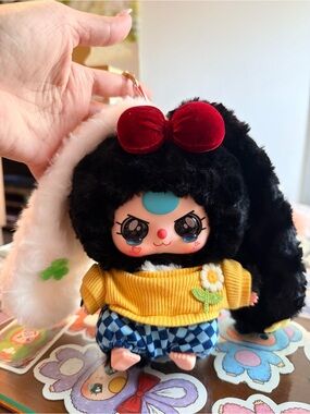 Plush Bunny Doll Keychain with Red Bow and Yellow Sweater lily rabbit in town